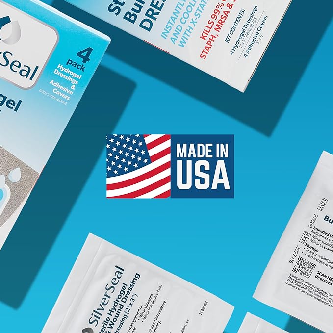 SilverSeal Hydrogel Burn & Wound Dressing Kit with X-Static Silver - FDA Cleared Care for Burns, Cuts & Wounds – Soothing Moisture, Relief & Protection - 4 (2”x3”) Hydrogels + 4 (3”x5”) Adhesive Pads