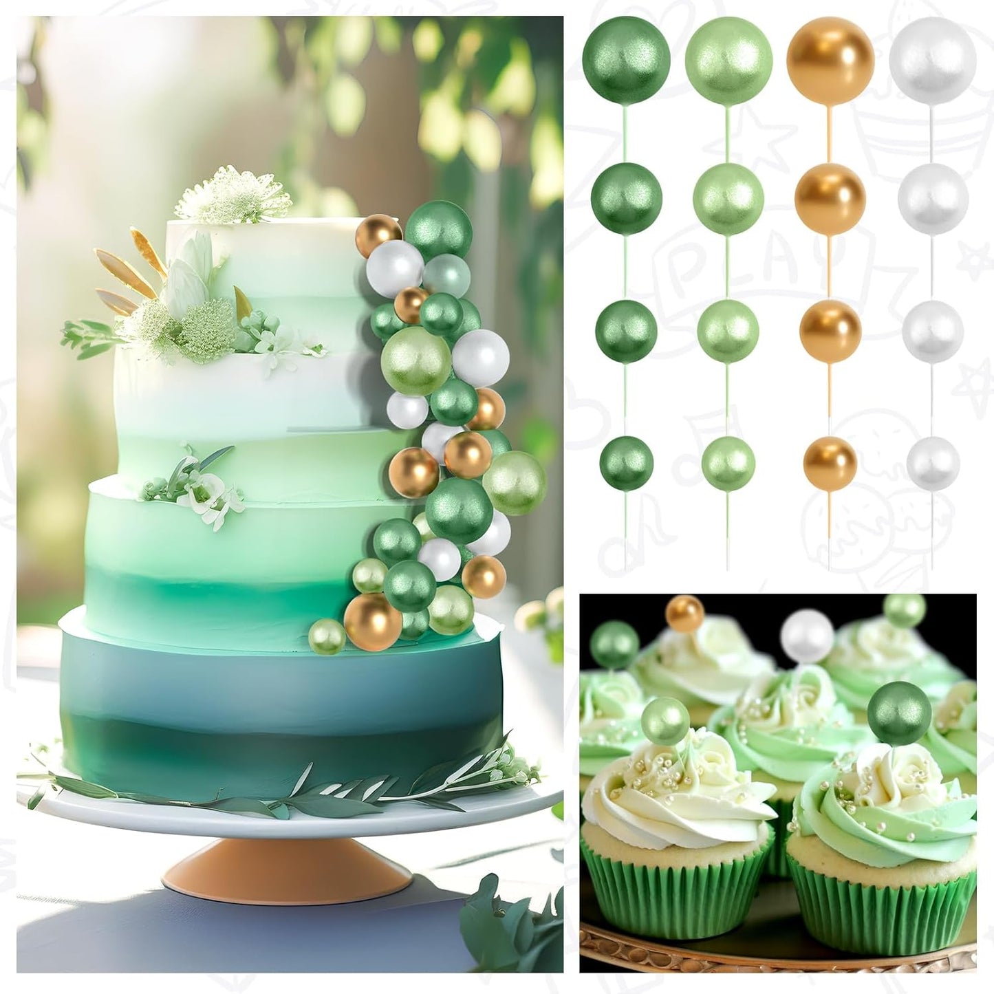 138 Pcs Balls Cake Topper Decorations Balloon Cupcake Toppers Foam Multisize Cake Topper Balls for Birthday Party Wedding Anniversary(Assorted Green,White,Gold)