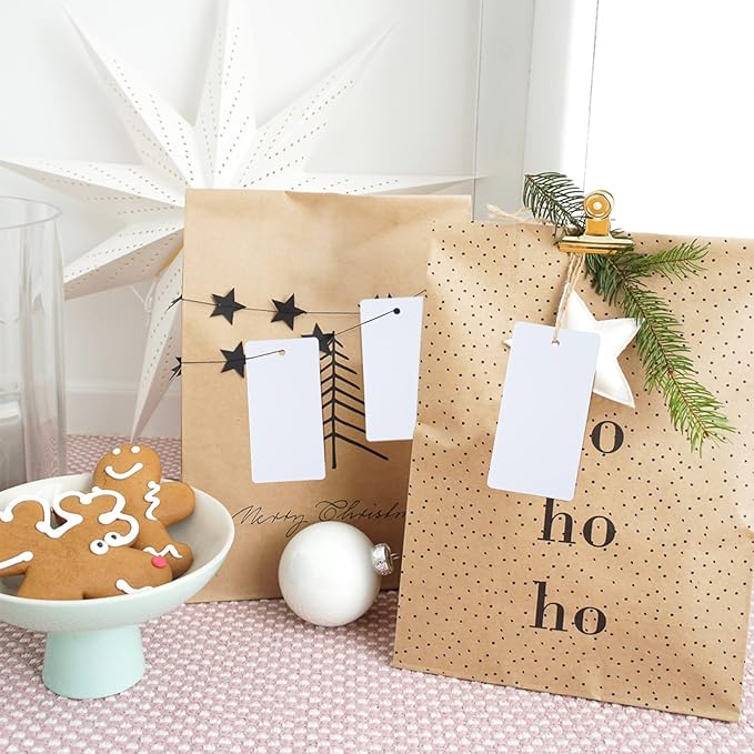 G2PLUS 100PCS Blank Gift Tags,3.5” x 1.7” White Kraft Paper Gift Tag with String, Rectangle Hanging Tags for Arts and Crafts Wedding Holiday, Teachers Day,Christmas,Thanksgiving,Party Favors