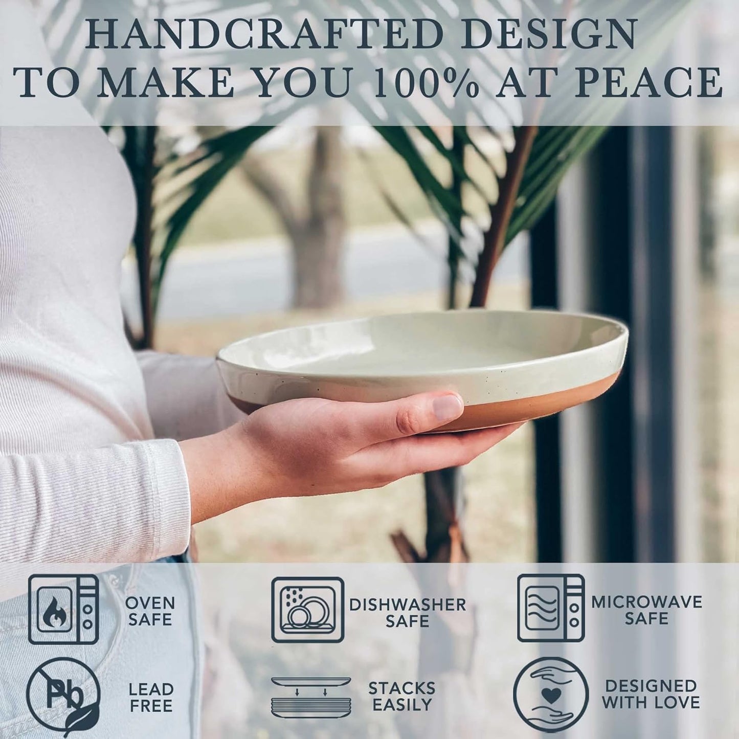Mora Ceramic Flat Pasta Bowl Set of 4-35oz, Microwave Safe Plate with High Edge for Kitchen and Eating, Large Wide Bowls/Plates for Serving Dinner, Salad, etc- Neutrals