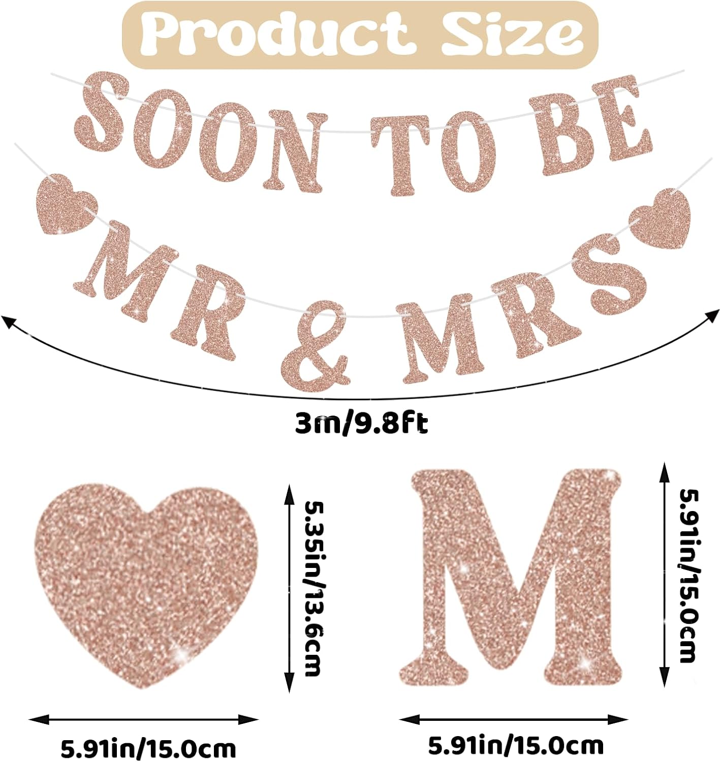 Soon To Be Mr & Mrs Sign for Bridal Shower Banner, Pre-Strung Rose Gold Glitter Wedding Banner, Engagement Banners for Mantle Hanging Sign Couples Shower Decorations