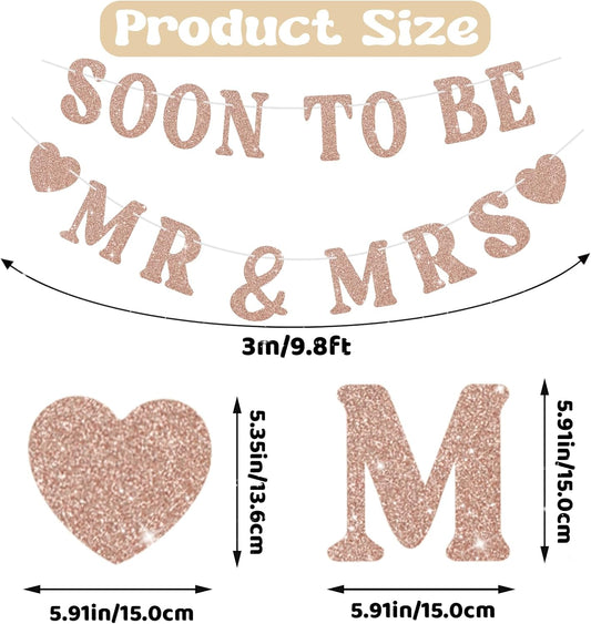 Soon To Be Mr & Mrs Sign for Bridal Shower Banner, Pre-Strung Rose Gold Glitter Wedding Banner, Engagement Banners for Mantle Hanging Sign Couples Shower Decorations