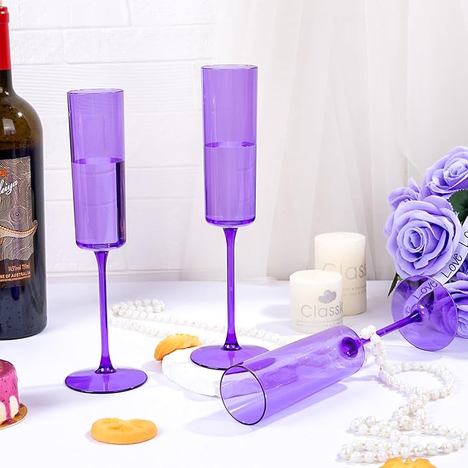 YOUBET 24 Pack Purple Plastic Champagne Flutes -6 Oz Clear Purple Champagne Glasses - Square Plastic Toasting Glasses for Birthday Anniversary Wedding & Party
