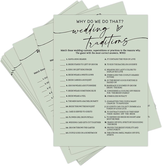 Bridal Shower Games, Wedding Traditions Why Do We Do That, 25Pcs Minimalist Sage Green Bridal Game Cards with 1 Answer Card, Wedding Shower Games for Guests, Engagement Bachelorette Party Supplies