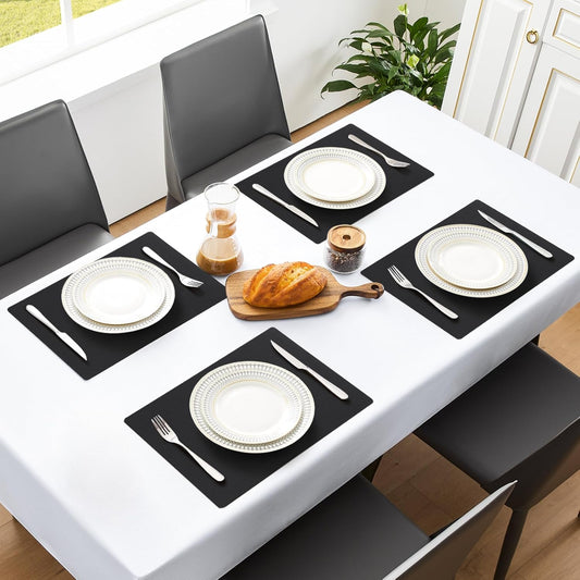 MOSAYT Vinyl Placemats Set of 8, Heat Resistant Place Mats 100% Waterproof Washable & Wipeable Faux Leather Reversible Table Mats for Kitchen Dining Party Indoor Outdoor, 12" x 17", Black