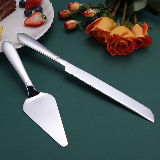 Eisinly Cake Cutting Set for Wedding, Elegant Cake Knife and Server Set with Thickened Stainless Steel Rounded Edges, Cake Cutter and Pie Spatula for Birthday Anniversary, 2 Pcs, Silver