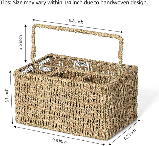 Wicker Flatware Organizer, Seagrass Cutlery Holder, Outdoor Silverware Caddy, Woven Divided Utensil Caddy with Handle, Utensil Holder for Forks, Knives, Spoons, Napkins (Natural Seagrass)