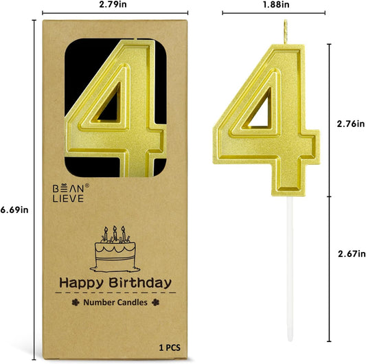 BEAN LIEVE Gold Birthday Candles Number 4, Gold Number Candles, Cake Number Candles for Birthday Parties and Wedding Anniversary Celebrations