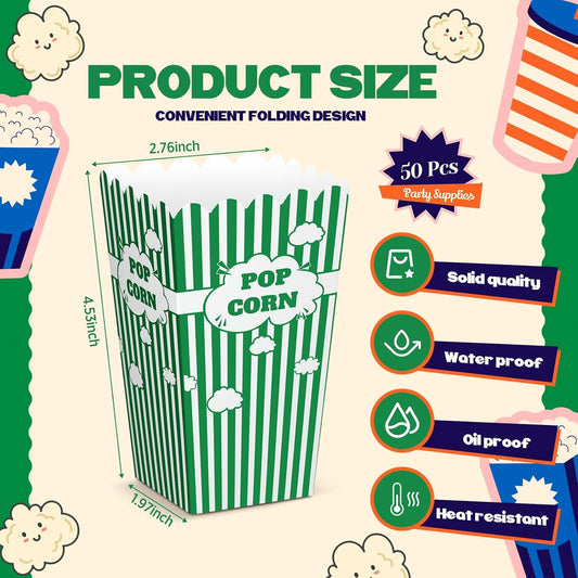 50 Pcs mini stripe popcorn boxes Buckets and Container for Home for Graduation Carnival Summer Birthday Party Supplies(Green)