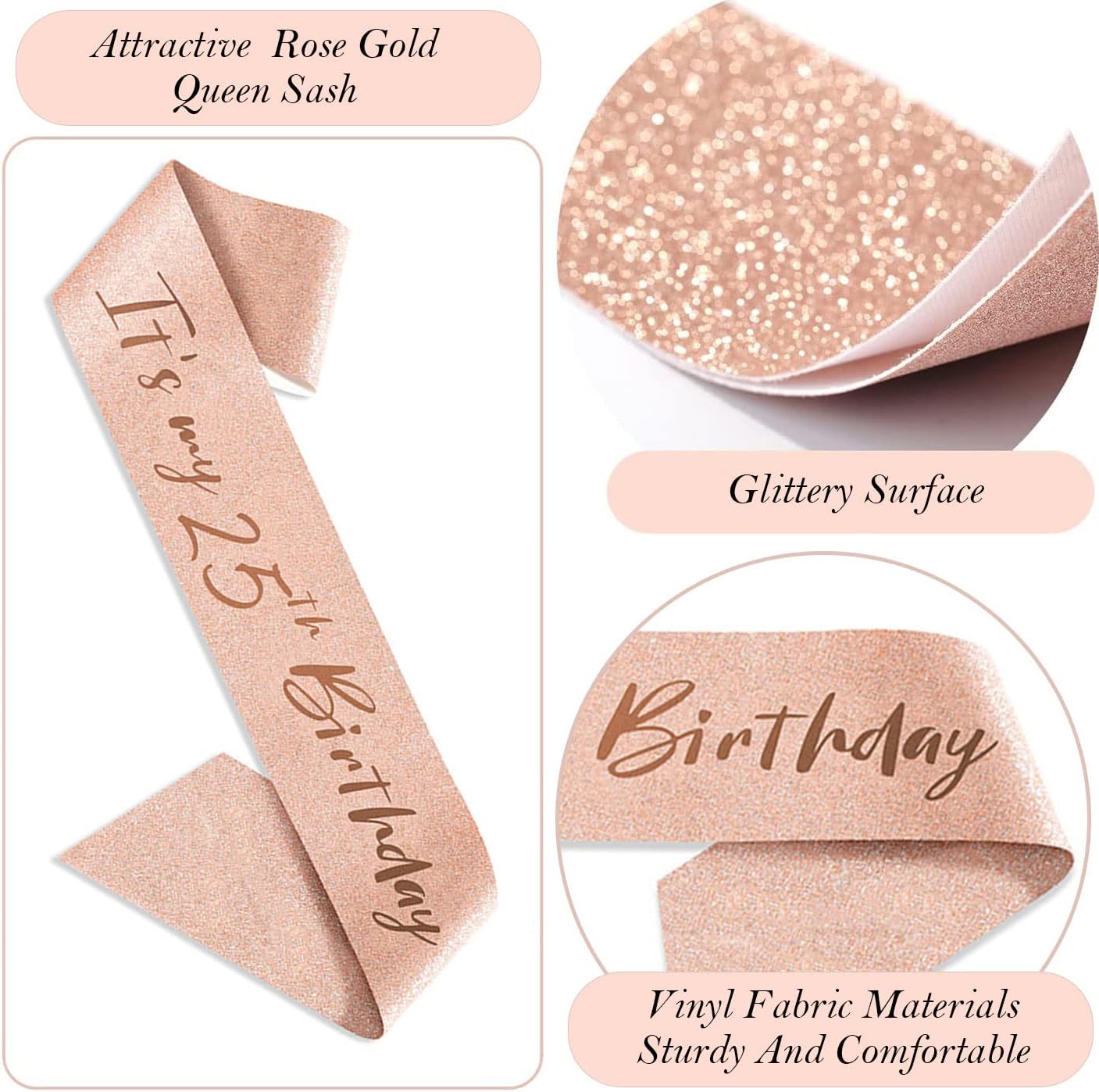 25th Birthday Decorations Gifts for Women, Including 25 year old Cake Topper, Queen Sash with Pearl Pin, Sweet Rhinestone Tiara Crown, Number Candles and Balloons Set, Rose Gold