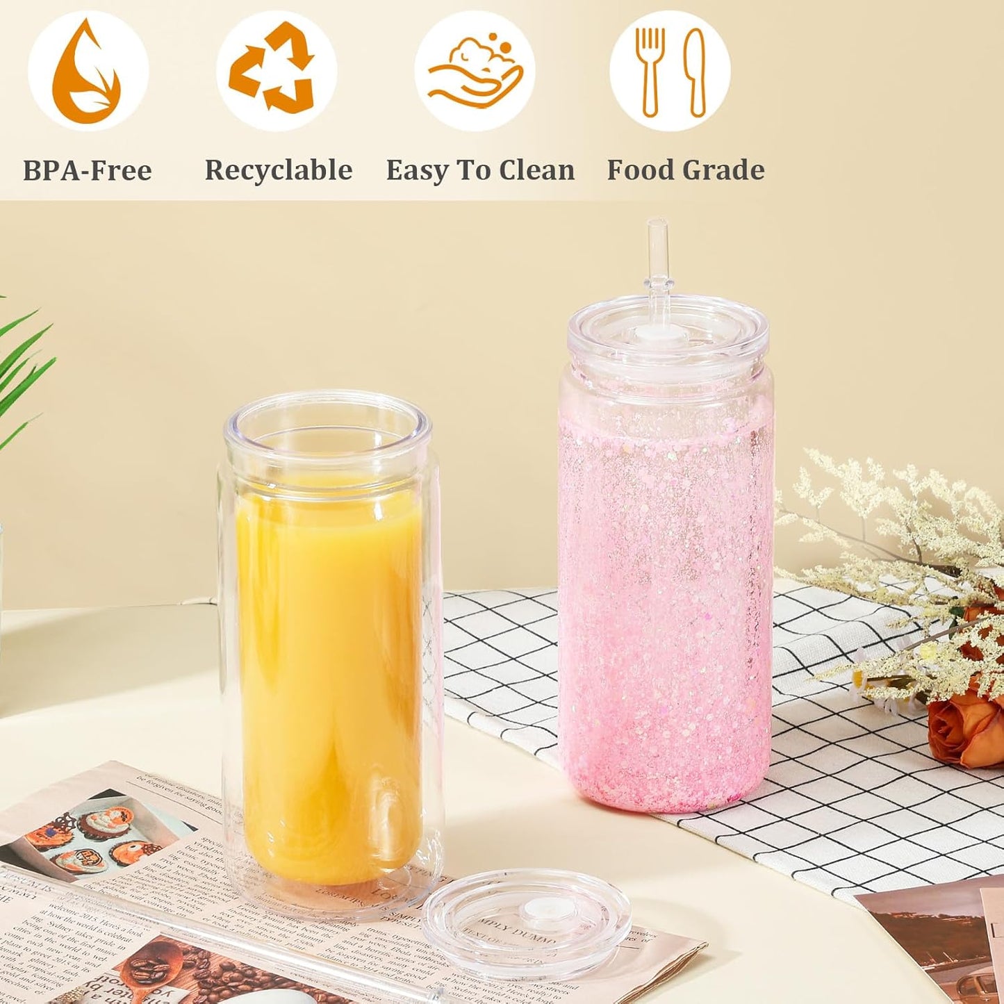 20 Oz Acrylic Snowglobe Tumbler Including Diy Kit, 9 Pack Pre-Drilled Double Wall Plastic Snowglobe Cup for Glitter Snow Globe Diy