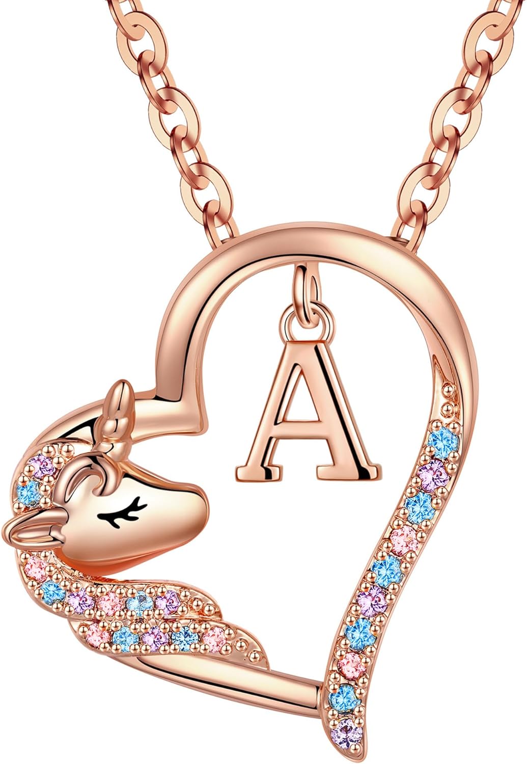 Anoup Unicorn Gifts for Girls Necklace - Colorful CZ Heart Pendant A-Z Initial Necklaces Cute Unicorns Jewelry Birthday Gift for Girl