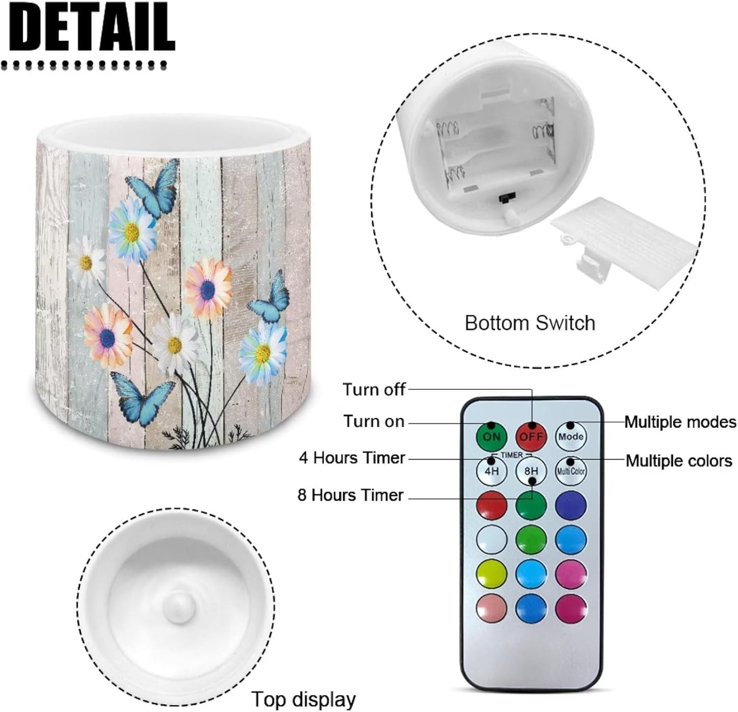 Poceacles LED Flameless Candles Set of 4 Multi-Color Battery Operated Fake Flickering Candles with Remote and Timer, for Holiday Festival Wedding Decorations, Daisy Flower Butterfly Wood Grain