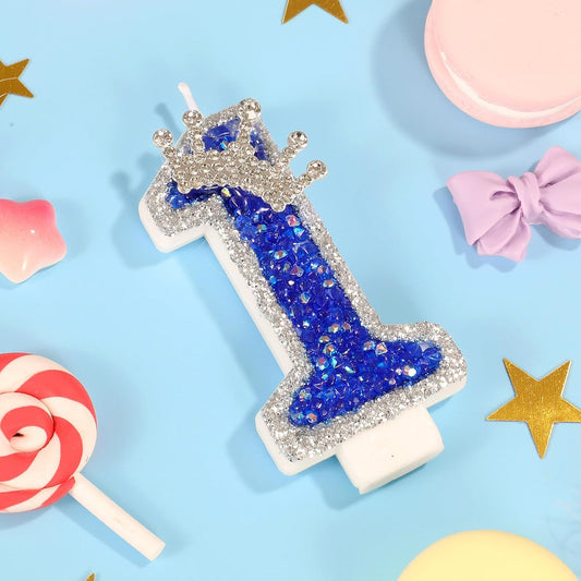 Blue Birthday Candle Crown Number 1 Candle with Sequins 1st Cake Candles Cupcake Decorations Party Decor for Anniversary Celebrations Supplies