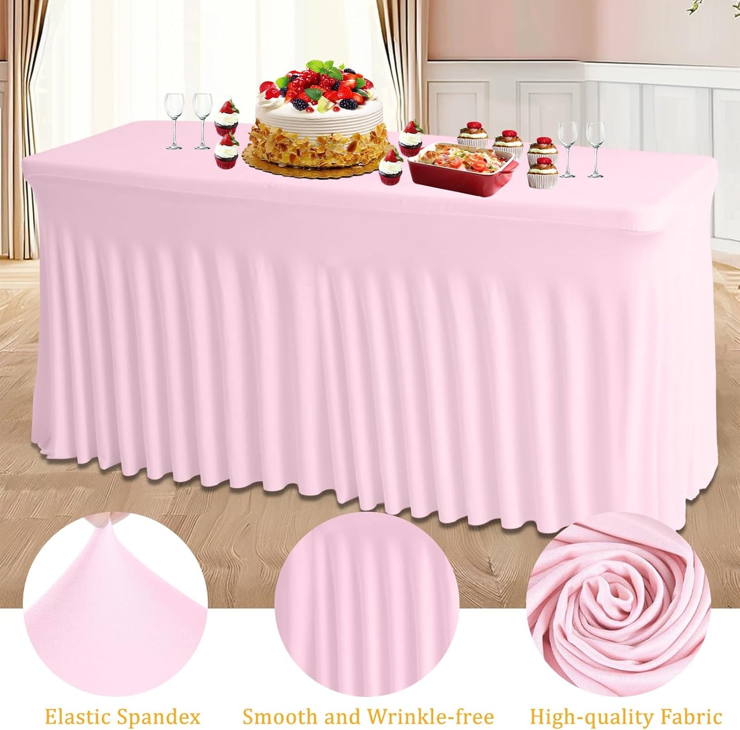 JCJ Table Skirt for Rectangle Tables Spandex Fitted Pink Tablecloths for 6FT Tables, Wrinkle Resistant Ruffles Elastic Table Cover Skirts for Teacher Desk Weddings Banquets Parties