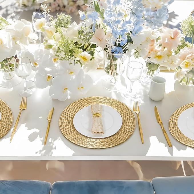 MAONAME 13" Gold Charger Plates Set of 12, Table Chargers for Dinner Plates, Faux Rattan Plastic Plate Chargers, Round Charger for Table Setting, Wedding Decor