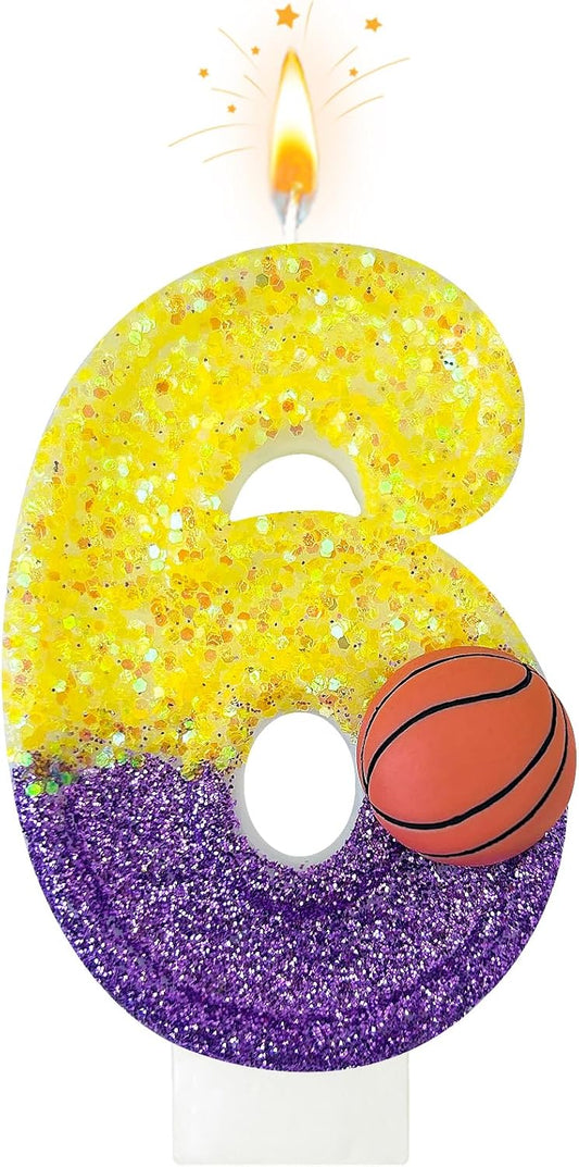 HXOUSE Basketball Number 6 Birthday Candles - Purple Gold Birthday Candles for Cake, 6 Candle for Basketball Theme Cake Topper, Boys Sport Party Decorations Gifts (No.6)
