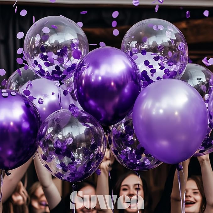 SUWEN Purple Metallic Balloons and Confetti Balloons Set 47PCS Latex Helium Chrome Dark Purple Balloon for Birthday Graduation Anniversary Party Decorations