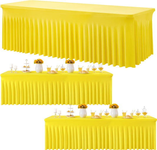 3 Pack Yellow Spandex Tablecloth for 8 Foot Rectangle Tables, Wrinkle Free Fitted Table Cloth Cover 8ft Yellow Stretchy Tablecloths with Skirt for Parties Weddings Birthday Banquet Baby Shower