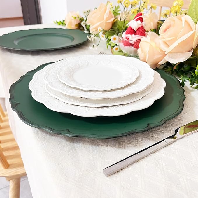 Antique Green Charger Plates, 13" Round Chargers for Dinner Plates, Set of 6 Plastic Plate Chargers for Weddings, Parties, Table Setting.