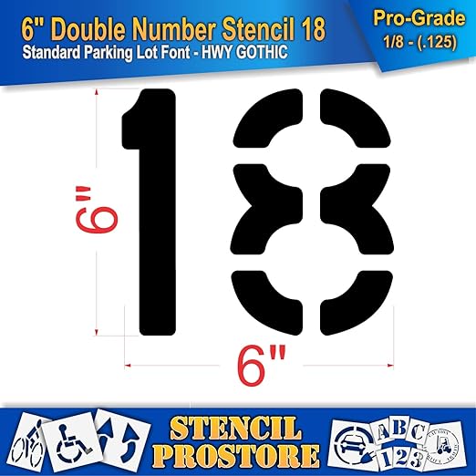 Pavement, Curb, and WheelStop Stencils - 6 inch Double Number Stencil - (18) - 6" x 6" x 1/8" (128 mil) - Pro-Grade