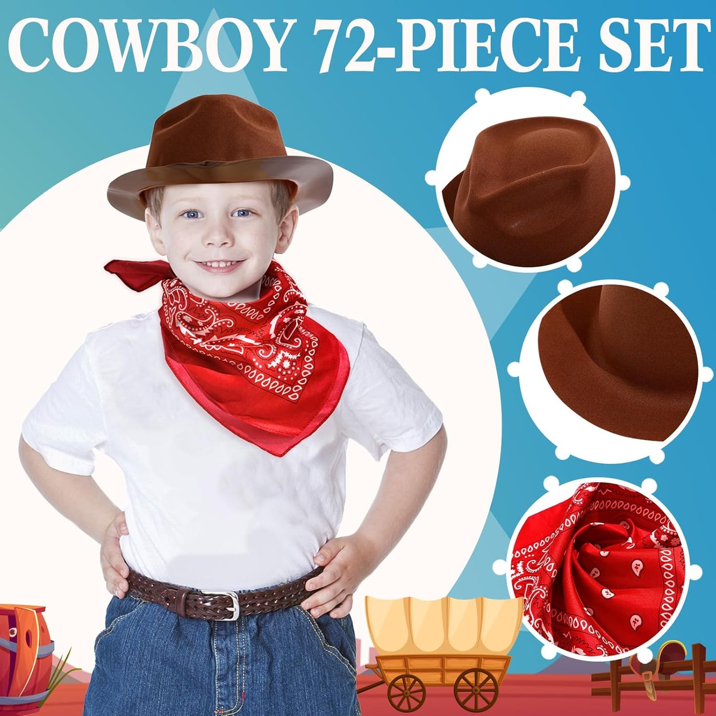 Hillban 72 Pcs Western Cowboy Hat and Paisley Bandana Set for Kids Felt Cowboy Party Hats for Costume Party Favors(Brown, Pink)