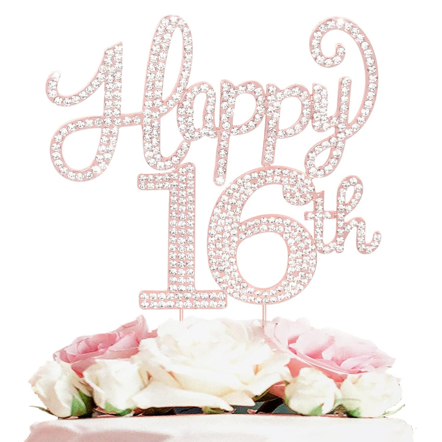 LASKYER Happy 16th Birthday Rose Gold Rhinestone Cake Topper - 16th Birthday/Anniversary,Cheers to Sixteen Years Old Bday Party Metal Sparkly Centerpieces Decorations.