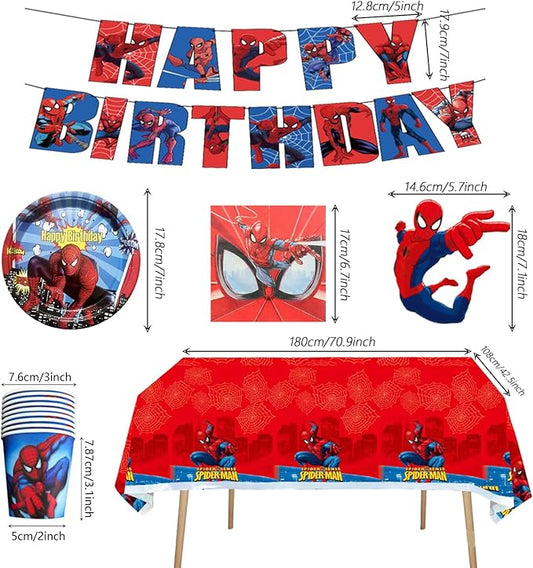 68PCS Spidey Birthday Decorations: 20 Plates, 20 Napkins, 20 Cups, 1 "Happy Birthday" Banner, 6 Hanging Swirls, 1 Tablecover