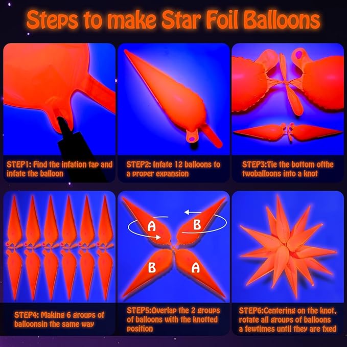 Mega-L Glow in The Dark Party Supplies, 10 Pcs Neon Explosion Star Balloons Kit, Neon Party Decorations, DIY Neon Balloon with 12 point Cone Balloons for Arches Birthday Wedding Carnival