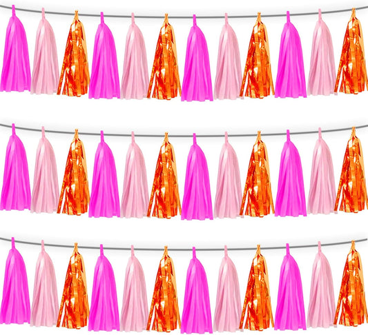 3P Hot Pink Orange LightPink Tassel Banner Garland Foil Fringe Tinsel Streamer Banner Backdrop for Parade Floats, Wall Hanging Curtain Parade Floats, Graduation Decorations, Wedding Party Decoration