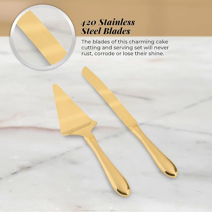 Cake Cutting Set for Wedding Cake Knife and Server Set, Cake Cutter and Pie Spatula,Cake Serving Set Serrated Blade,Thickened Stainless Steel Rounded Edge, Birthdays, Anniversaries,Parties 2 Pcs, Gold