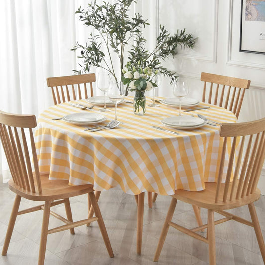 maxmill Round Checkered Tablecloth Spillproof Wrinkle Free Heavy Weight Gingham Table Cloth for Circular Table Buffalo Plaid for Buffet Banquet Parties Holiday Dinner 70 Inch Yellow and White