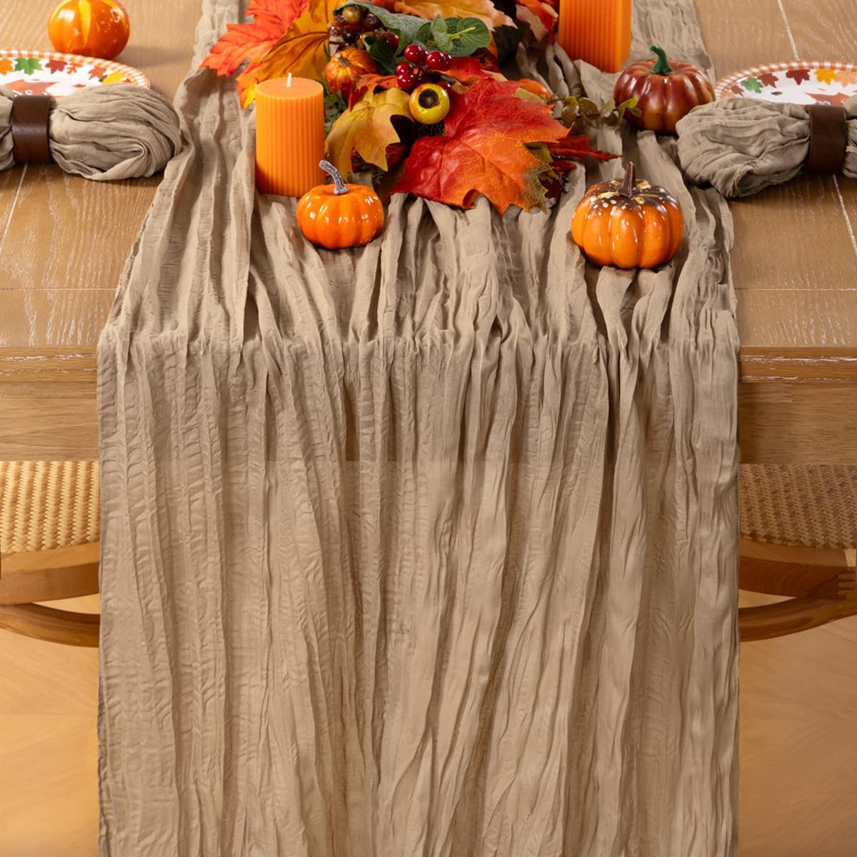 MLMC Nude Cheesecloth Table Runner 10ft Boho Gauze Taupe Cheese Cloth Table Runner Rustic Neutral Fall Centerpiece Decor 35x120 Inches for Wedding Farmhouse Reception Home Decor