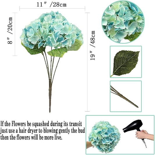 2Bouquets Artificial Fake Flowers Plants Silk Hydrangea Arrangements Wedding Bouquets Decorations Plastic Floral Home Kitchen Garden Party Festival Bar DIY (Light Blue,5 Flower Heads)