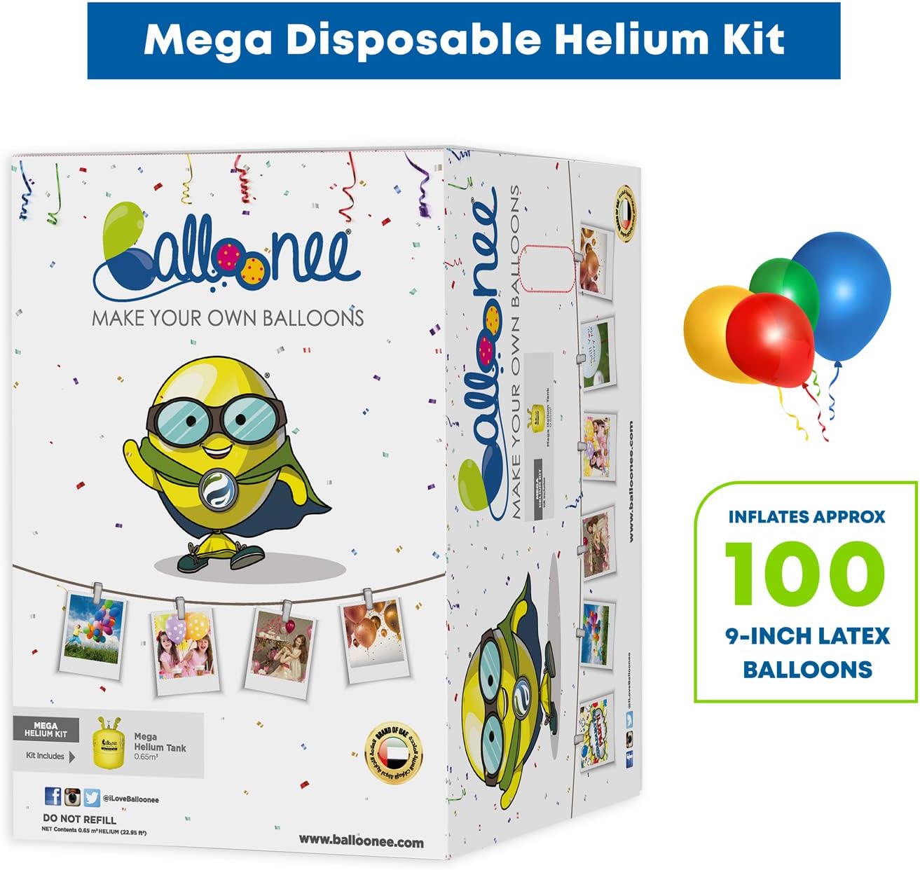 Mega Disposable Helium Party Kit, Helium Tank for Balloons At Home, 22.95 Cu Ft Helium Balloon Pump Kit, Inflate up to 100 Latex Balloons, Helium Tank, Portable for Celebrations