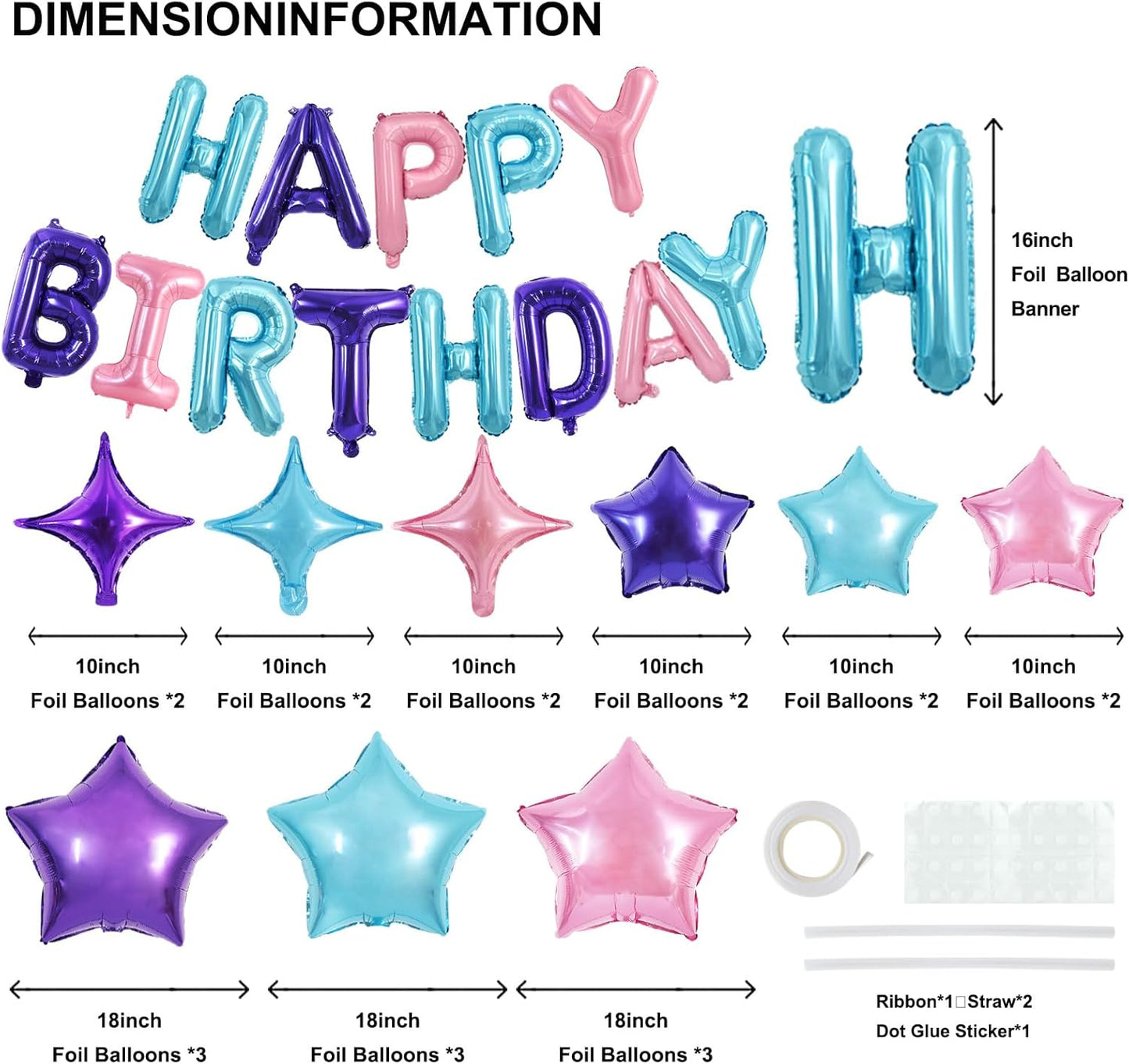 TONIFUL 35PCS Happy Birthday Decorations Kit 16 Inch Happy Birthday Balloon Banner with Star Balloons Mylar Foil Birthday Party Decorations Supplies for Adults Girls Boys Kids （Blue Purple Pink）