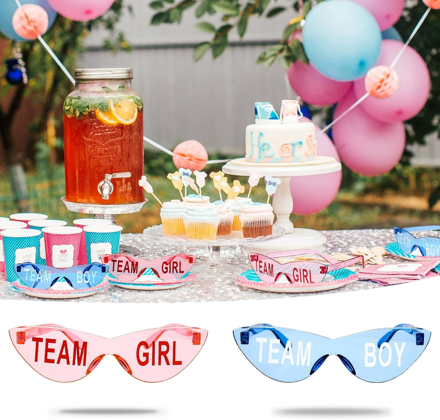 Konohan Gender Reveal Glasses Blue and Pink Sunglasses Frameless Team Girl and Team Boy Decor for Gender Reveal Party