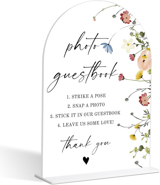 Photo Guest Book Sign, Wedding Guest Book Alternative, Flower Style Bridal Shower Signs for Engagement, Bridal Shower and Reception, Wedding Shower Favors, 6X8 Inch Acrylic Arch Sign with Stand,34