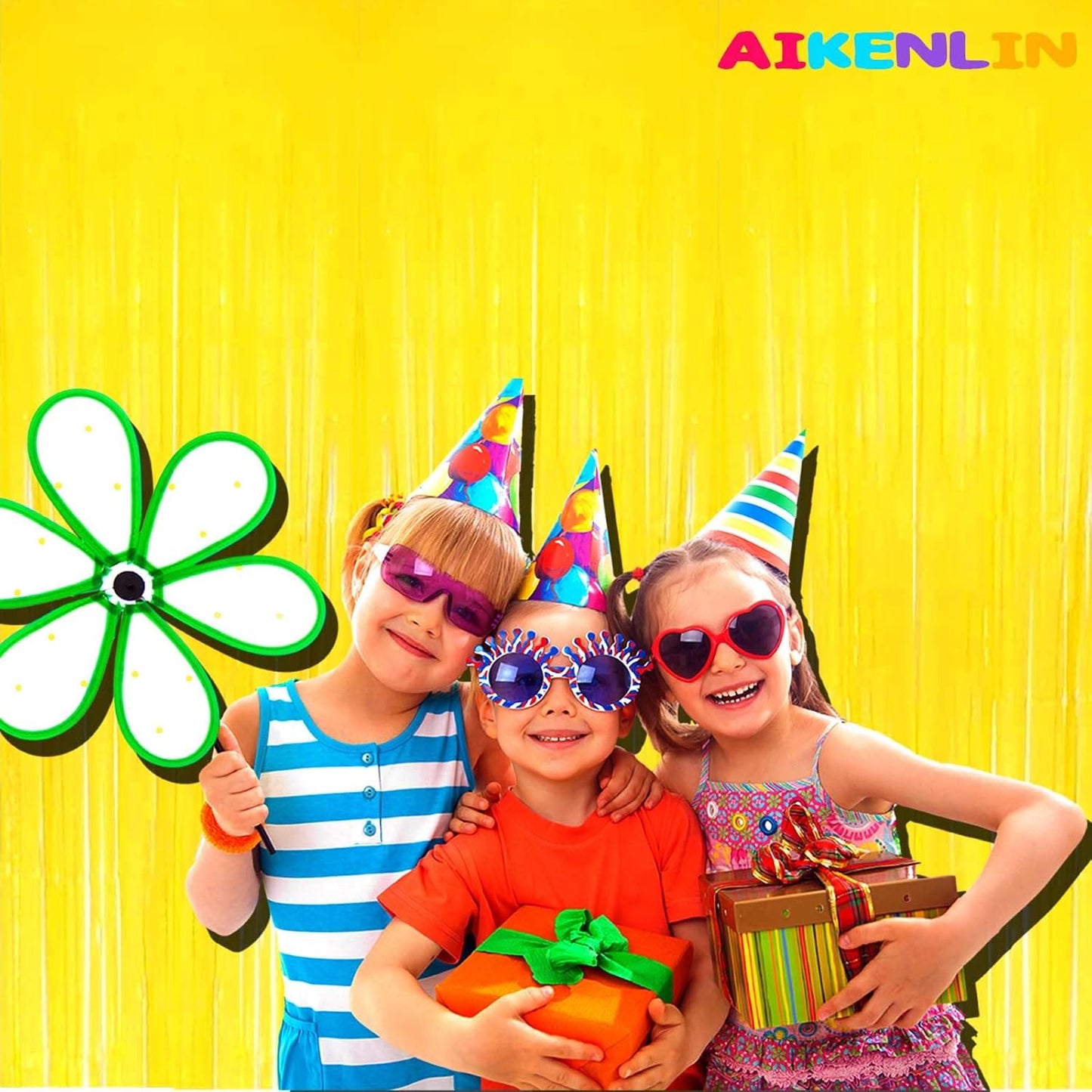 4 Pack 3.3Ft x 6.6Ft Yellow Foil Fringe Curtain Backdrop, Metallic Tinsel Foil Fringe Streamers Curtains Background for Photo Booth, Birthday, Wedding, Halloween, Christmas Party Decoration