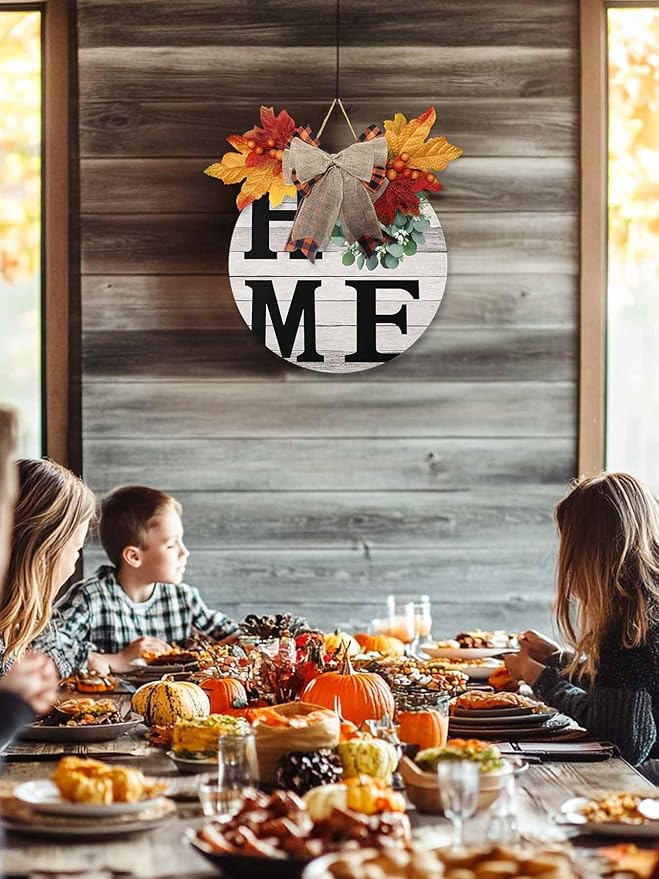 Eucalyptus Leaves Welcome Sign for Front Door, Home Garland Vintage Wood Grain Round Wooden Hanging Sign Housewarming Gift for Fall Home Outdoor Indoor, Front Porch Decor Wreath 12inch
