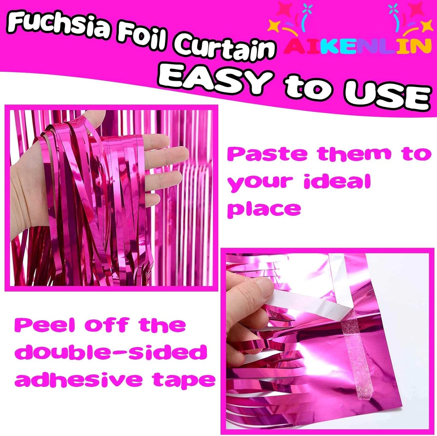 4 Pack 3.3Ft x 6.6Ft Fuchsia Foil Fringe Curtain Backdrop, Metallic Tinsel Foil Fringe Streamers Curtains Background for Photo Booth, Birthday, Wedding, Halloween, Christmas Party Decoration