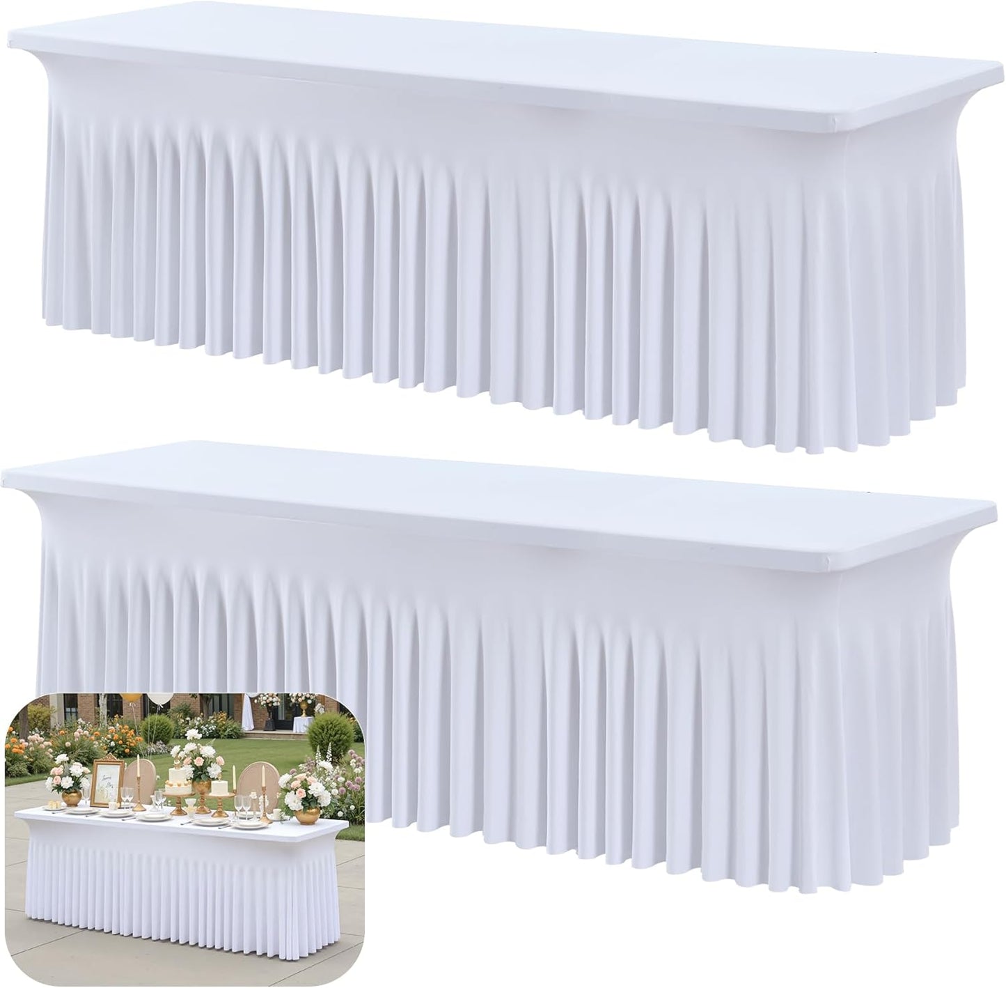 2pk White 8ft Spandex Tablecloths for Rectangle Tables, Wrinkle Free Wavy White Table Skirt Stretchy Fitted Table Cloth Covers 8 Foot for Weddings Birthday Party Events Banquette Baby Shower