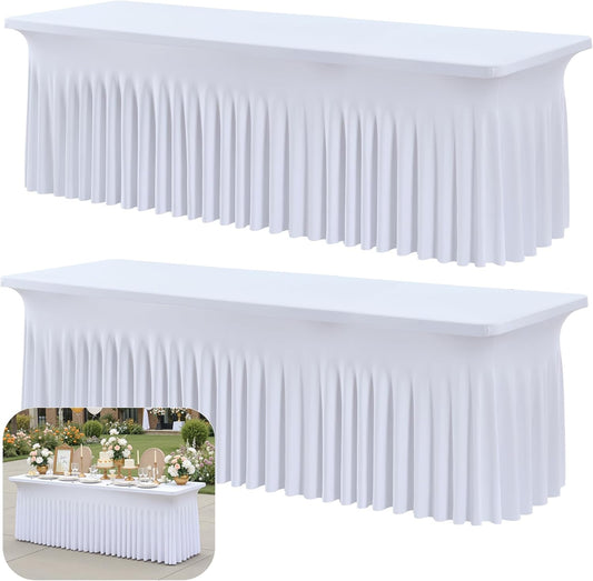 2pk White 8ft Spandex Tablecloths for Rectangle Tables, Wrinkle Free Wavy White Table Skirt Stretchy Fitted Table Cloth Covers 8 Foot for Weddings Birthday Party Events Banquette Baby Shower