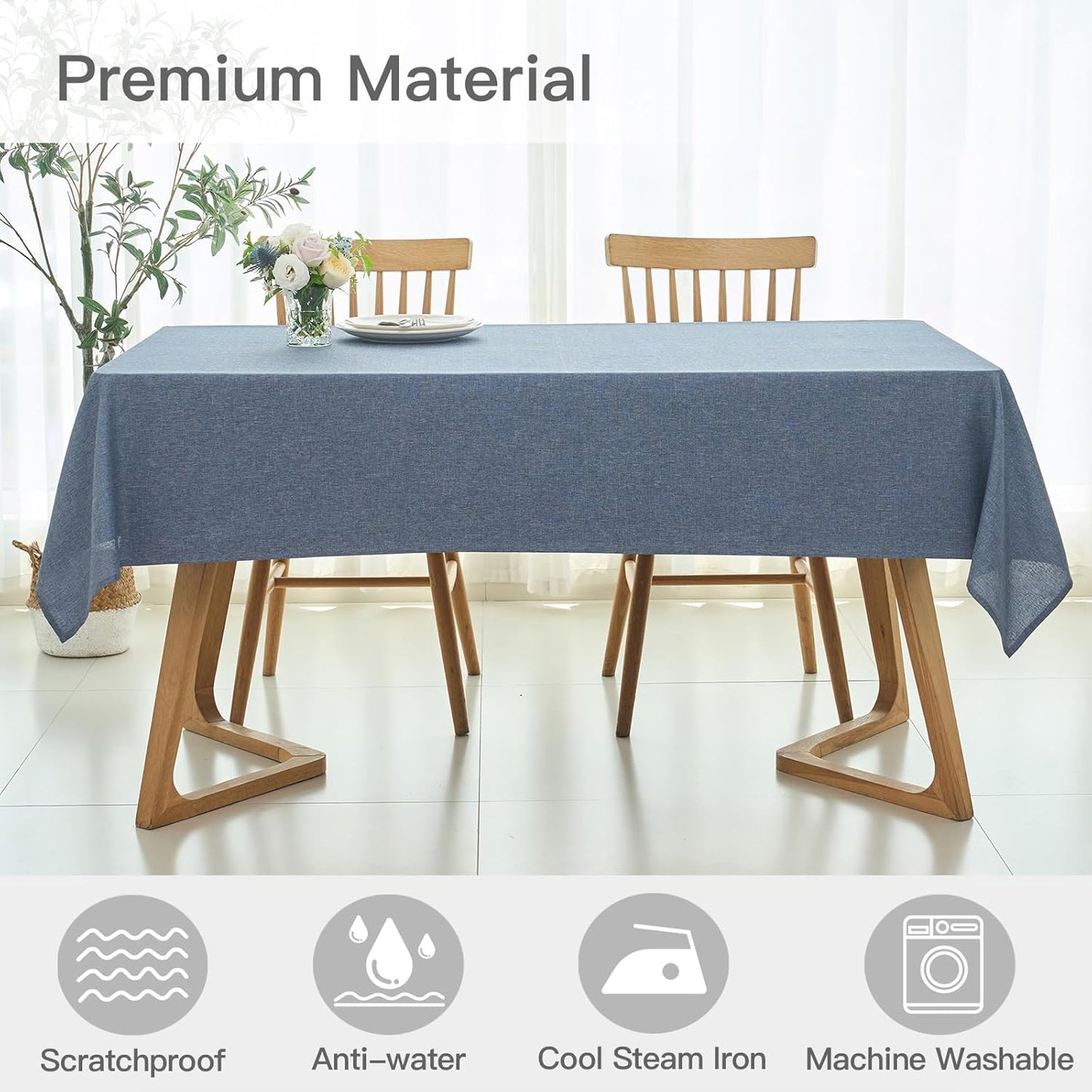 maxmill Rectangle Linen Texture Tablecloth Stain Proof Waterproof Wrinkle Free Washable Dining Table Cloth Wipeable Fabric Dining Room Table Cover Farmhouse Tablecloths, 60 x 120 Inch, Demin Blue
