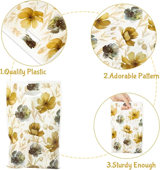 3sscha 50Pcs Brown Poppy Party Favor Bag - Flower Plastic Waterproof Goodie Bags Spring Summer Bloom Floral Rectangular Gift Bags for Birthday Centerpiece Decoration Party Supplies