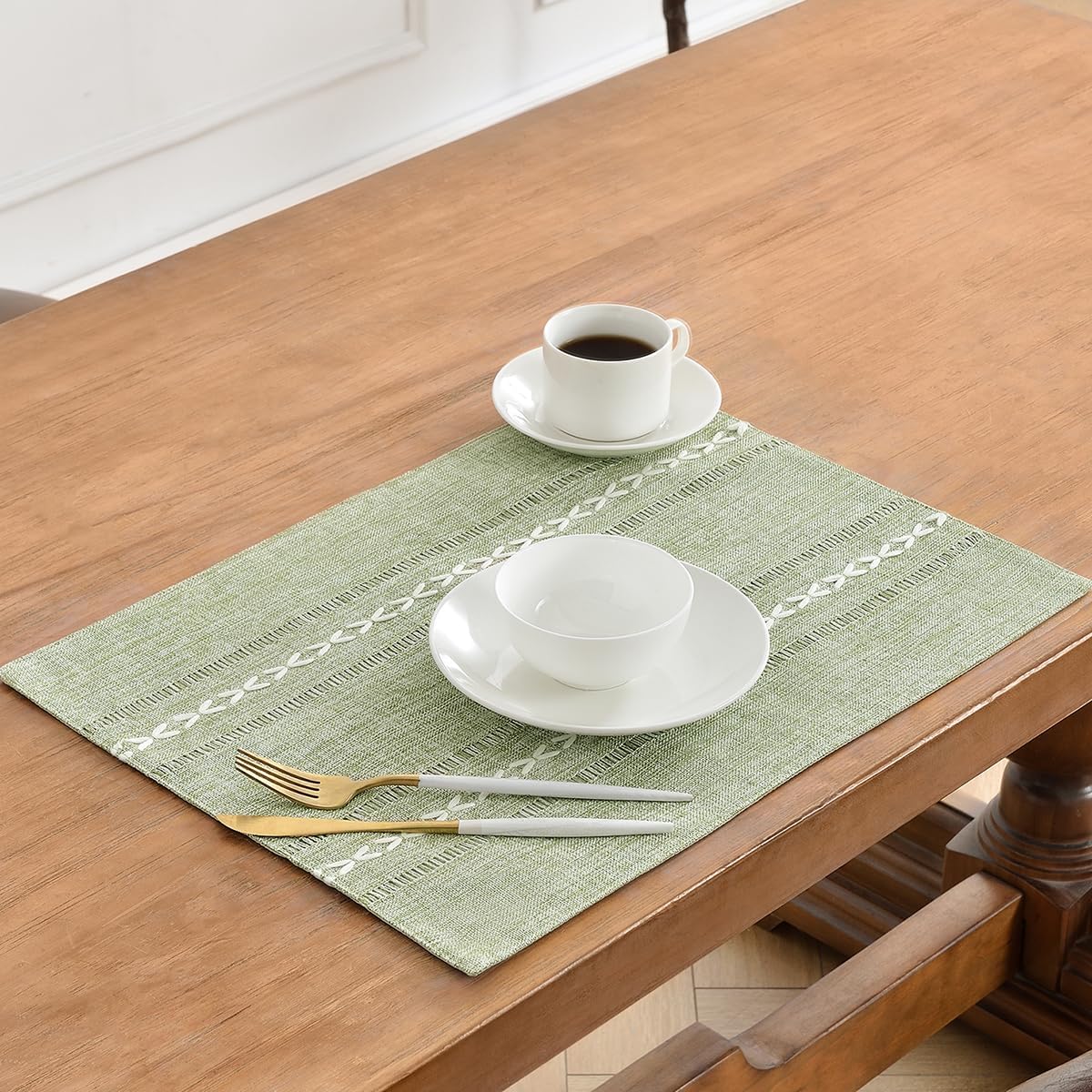 Wracra Cotton Linen Placemats, 14 x 19 Inch Set of 8 Placemats Rustic Hemstitch Place Mats for Kitchen Table and Heat Resistant-Hemstitch Sage Green