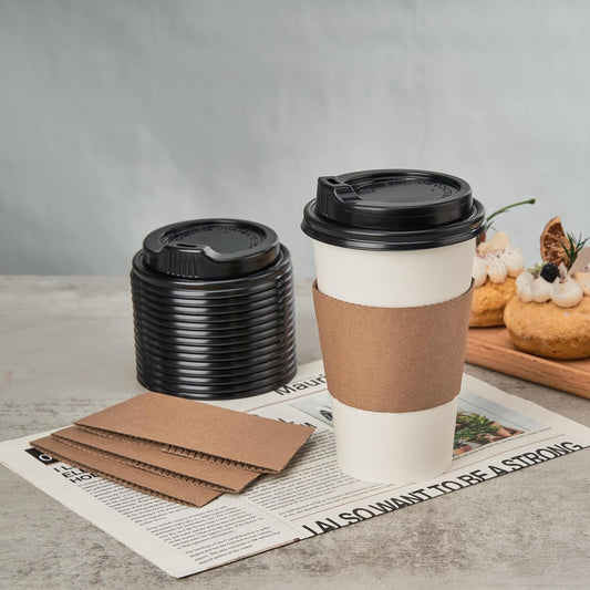 RACETOP 100 Pack Disposable Paper Coffee Cups with Lids & Sleeves, 16 oz, for Party, Church, Travel and Home