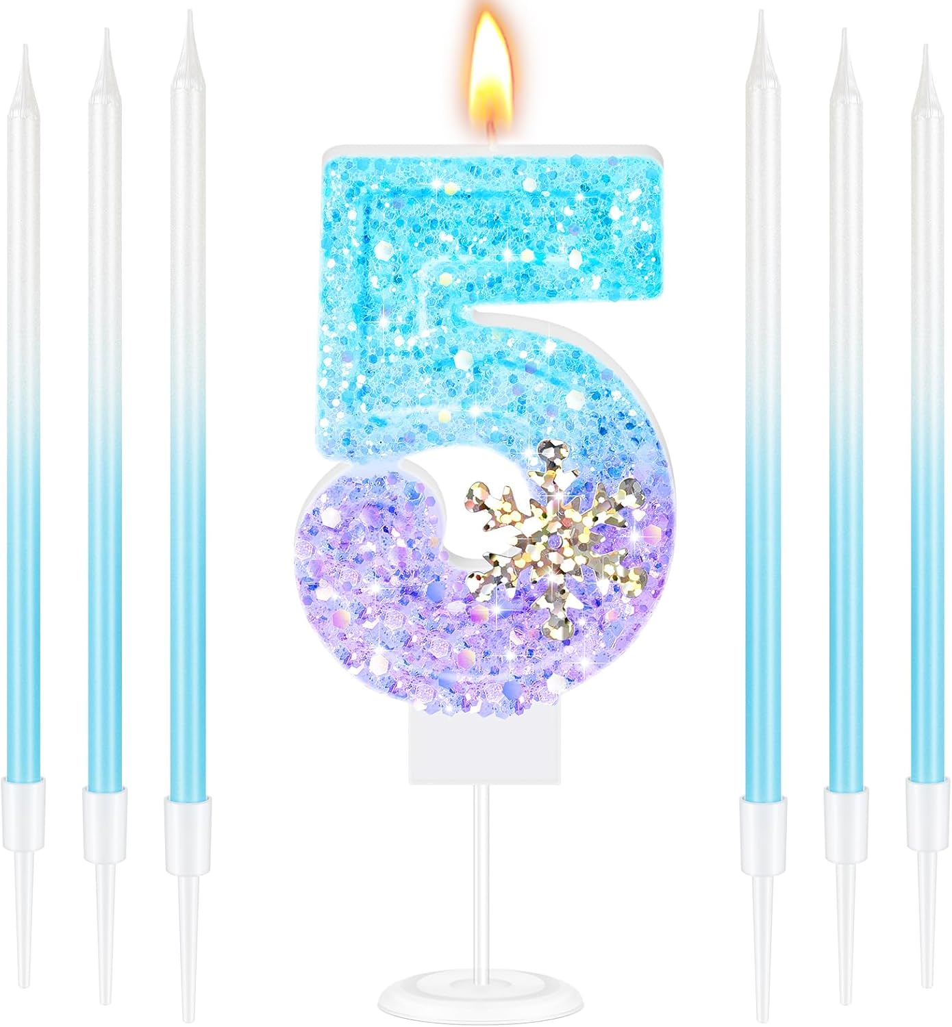 MTLEE Number 5 Birthday Candle Blue Snowflake with 6 Long Thin Cupcake Candles Blue Sparklers Glitter Number Happy Birthday Cake Topper Decorations for Winter Party Supplies