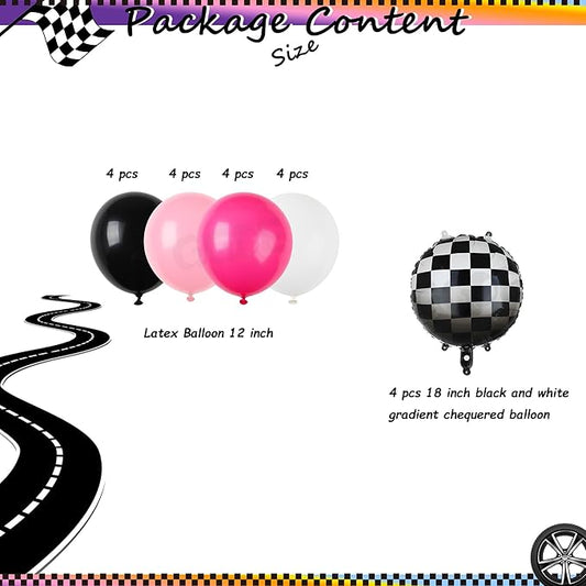 Race Car Balloon Bundle Pink Black Checkered Balloons Latex Balloon Girls One Happy 1st 2nd Fast One Theme Two Fast Race Car Birthday Party Decor Supplies 20 Pcs Kit