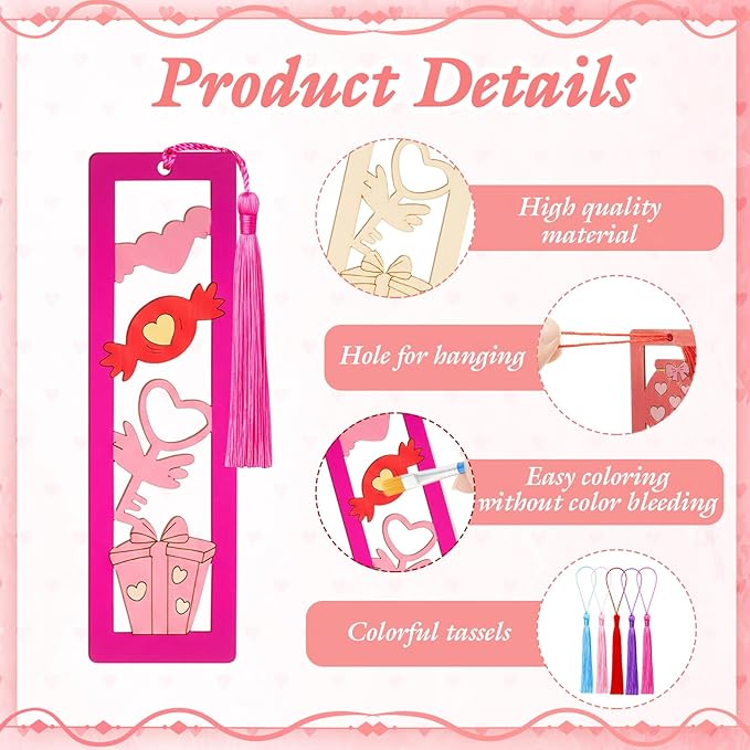 Yexiya 100 Pcs/50 Set Valentine's Day Wooden Bookmarks DIY Craft Kit, Love Heart Bookmark Art Set for Classroom, Book Lovers, Birthday Holiday Gifts